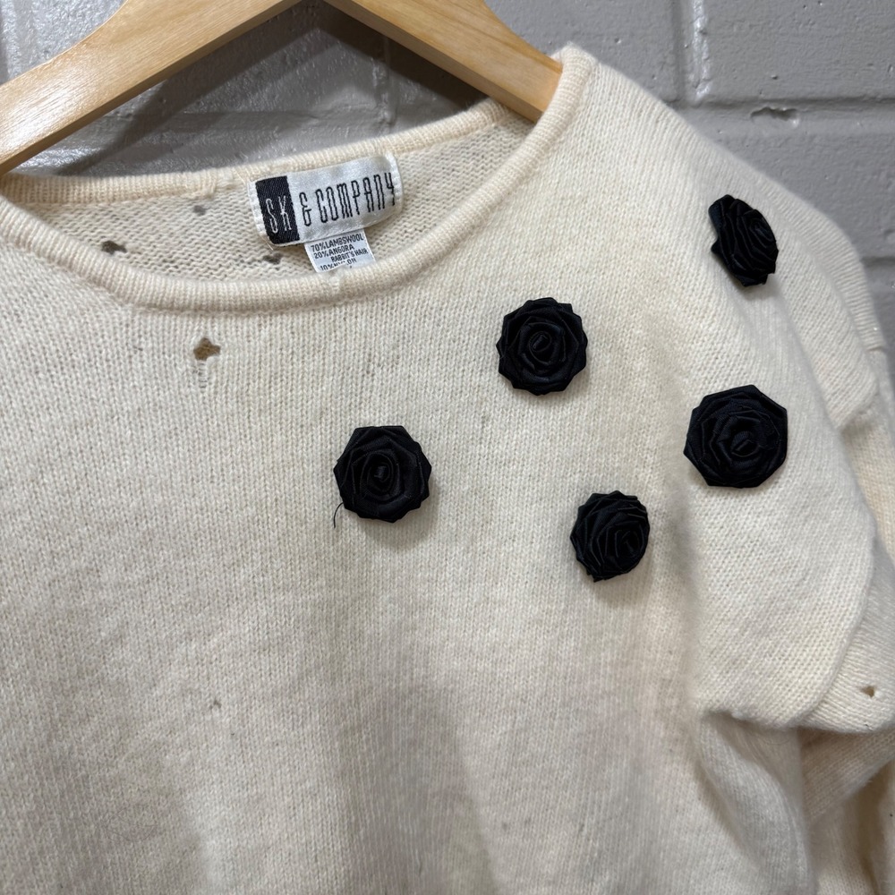 Vintage Angora Lambswool Satin Rosette Sweater Cream Distressed‎ Medium Holes - Picture 4 of 12